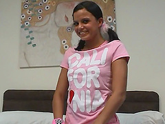 Brunette babe in pigtails and stockings toy fucking her tight pussy