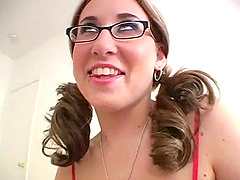 Nerdy chick in lingerie and glasses jerking of stud's cock