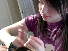 Brunette babe gives stud a hand massage in POV jerk off film