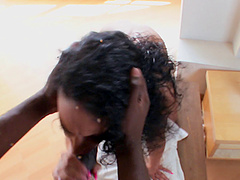 Babe with fake tits getting pussy rammed with black cock in POV film