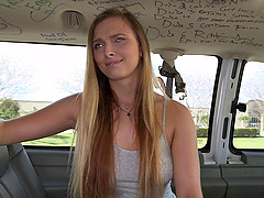 Blonde slut in the car sucking dick before being fucked