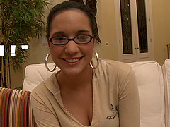 Brunette in glasses sucks schlong and gets her twat banged