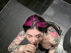 Public bathroom blowjob from tattooed slut Joanna Angel