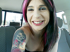 Tattooed punk slut Joanna Angel showing her tits in a car