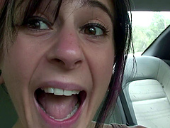 Selfie video in the car shows her natural tits out on the road