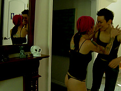 Short hair punk with a hot smile makes love to Joanna Angel