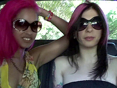 Punks in the back seat of the car eat pussy and masturbate