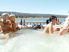 Four girls in an outdoor hot tub turns into a lesbian orgy