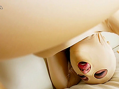 Kinky action where a Japanese girl in a gimp suit rides a guy's dick