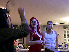 Redhead slut fucking a bright green alien girl too