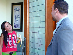 Teen in striped knee highs titty fucks older guy after doggystyle sex