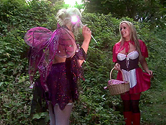 Costume wearing chicks enjoy sharing a dick in a secret garden