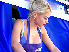 A couple working in a food truck take a break to fuck