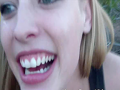 POV video of a beautiful blonde who loves to suck a dick in outdoors