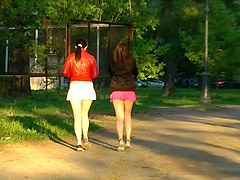 Sweet girls in skirts get naked in bed and fuck lustily