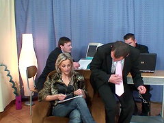 Blonde slut fucked in the office and gets a messy facial ending