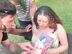 Outdoor group sex on the grass with four dudes and a pregnant whore