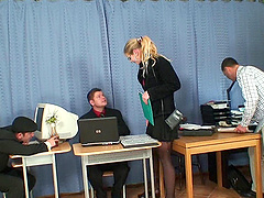 Hardcore gangbang in the office with provocative blonde Alana C