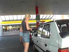 Gloryhole fun between a fat prick and a skinny blonde with glasses