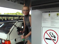 Gloryhole fun between a fat prick and a skinny blonde with glasses