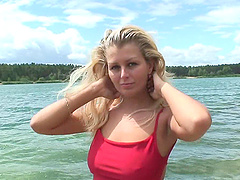 Sexy blonde Petsova teases and gets fucked by a stranger by the river