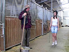 Old cowboy and a cutie fucking in the horse stalls