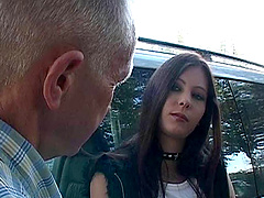 Hot girl in a miniskirt and high heeled leather boots fucks an old man