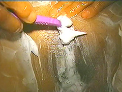 Mature bimbo with a fetish shaving her pussy in the shower