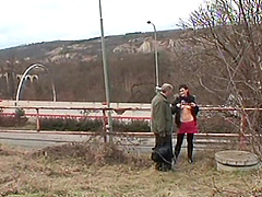 Outdoor fucking with an old dude and younger model Krystina