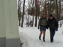 Outdoor fucking in the snow with old guy and young Ingrid B