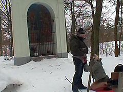 Outdoor fucking in the snow with old guy and young Ingrid B