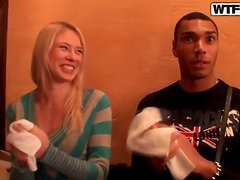 Blonde girl has sex with a black guy in a cafe bathroom