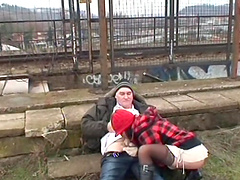 Sweet brunette Gaby H takes a dick in her mouth and pussy in outdoors