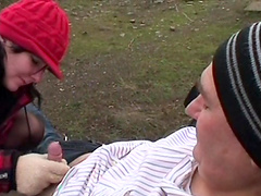 Sweet brunette Gaby H takes a dick in her mouth and pussy in outdoors