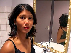 Natural tits Asian Duvessa drops on her knees to suck a dick