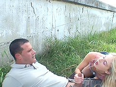 Amateur blonde Mia fucked in the car and in the street by a stranger