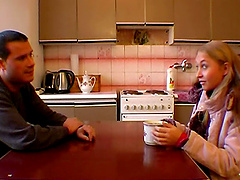 Quickie fucking on the kitchen table with cum on face for Suzanna