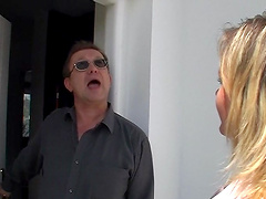 Blonde cougar Carla on her knees sucking a fat prick in POV