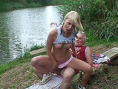 Blonde model Michaela with natural tits takes a dick of an old guy