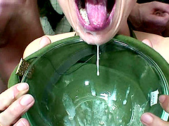 Dirty army lady Dita fucked by two dicks and eats all of the cum