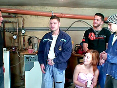 Redhead Theresa drops on her knees to make him hard for fucking