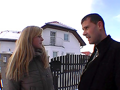 Sexy blonde Angel flashes her pussy and gives a nice blowjob