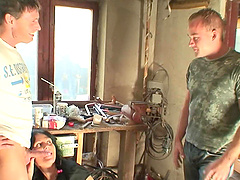 Lustful Michelle is on one boner while sucking another one hard