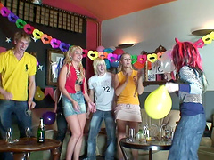 Fucking on the table with slutty GF Helena and two horny studs