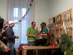 Quickie threesome during a party with cock hungry chick Angela