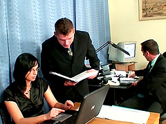 Office threesome sex with brunette secretary Renata Black with glasse