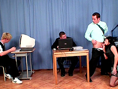 Office threesome sex with brunette secretary Renata Black with glasse