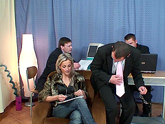 Messy facial ending after a gangbang with a natural tits blonde