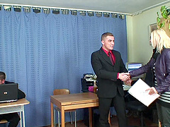 Secretary Olsa drops on her knees to be fucked by three rock hard cocks