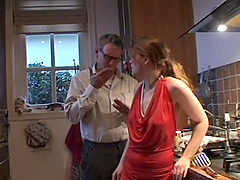 Brunette chick Karola spreads her legs for sex with an older guy